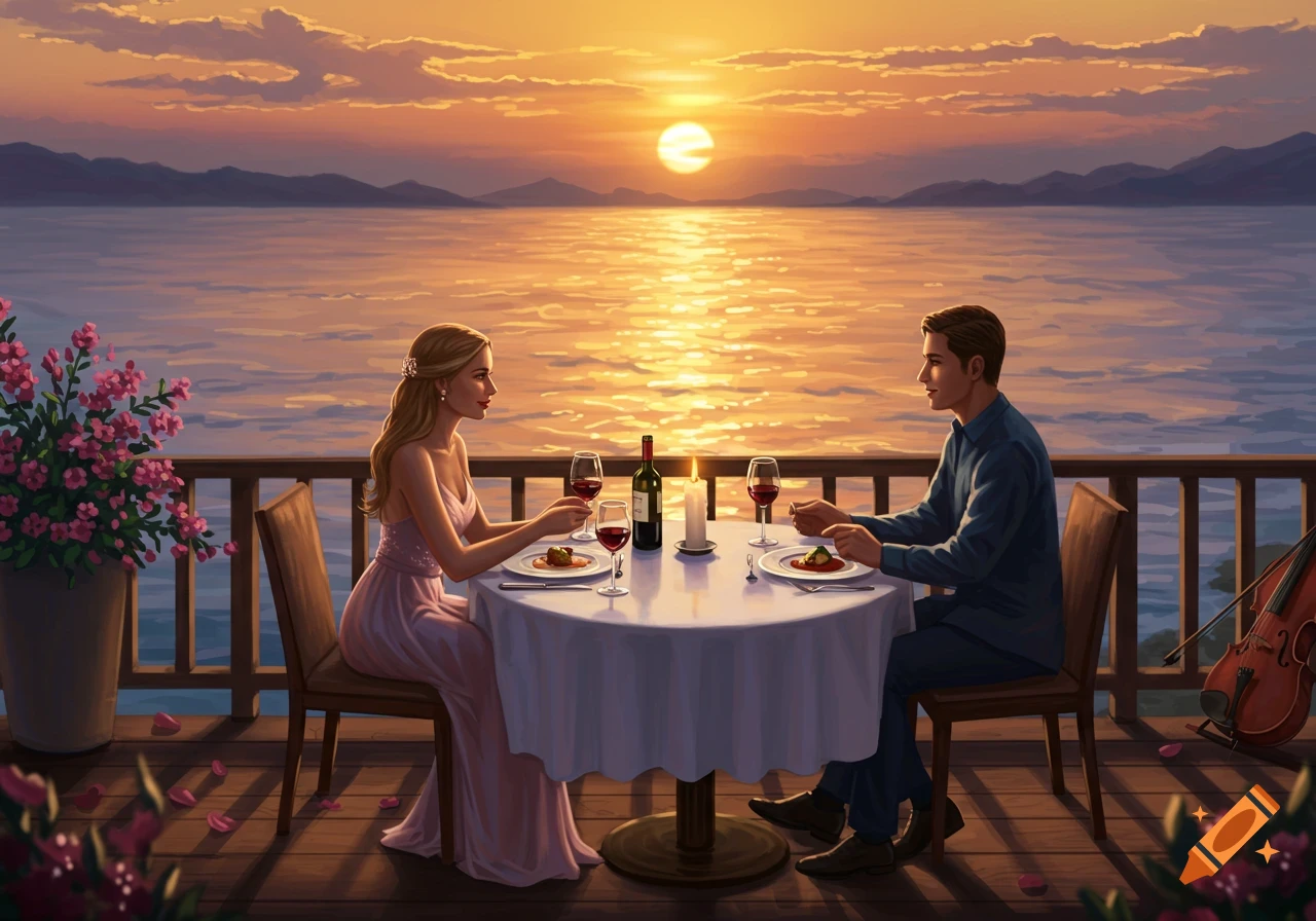 A couple enjoying a romantic dinner on a balcony overlooking a lake at sunset.