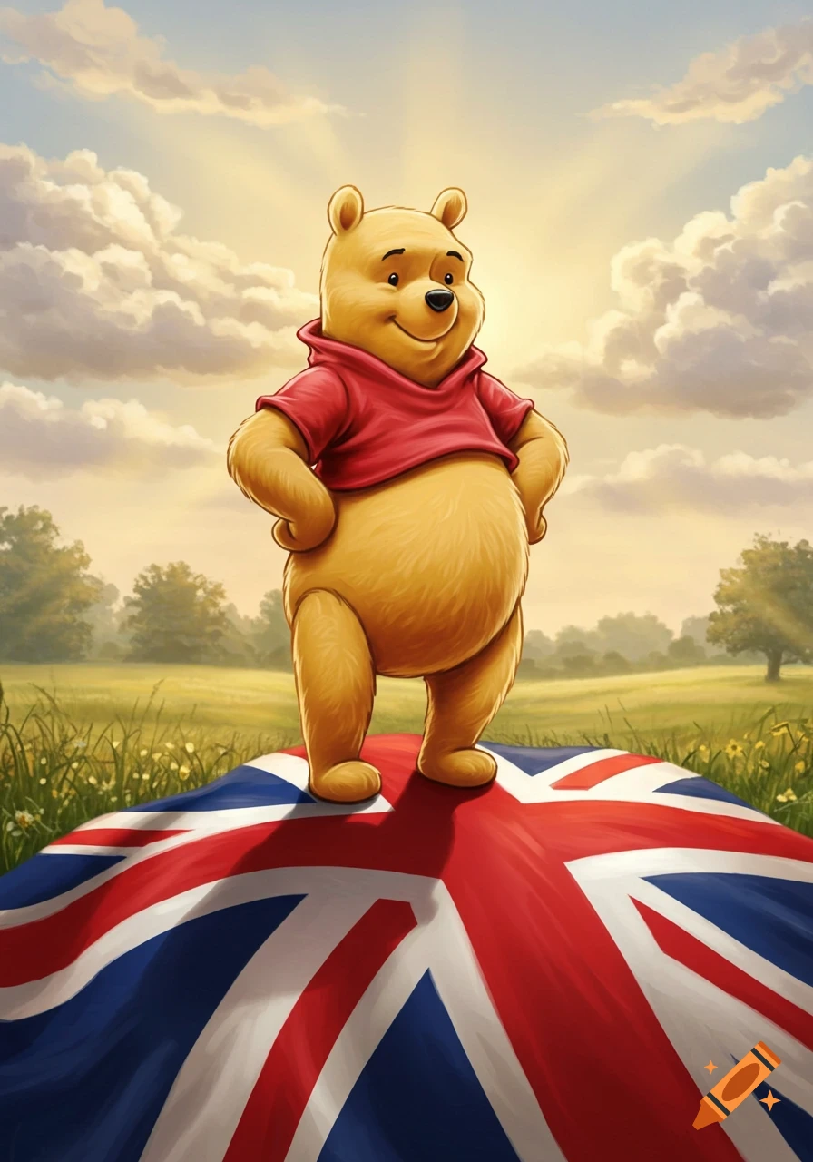 Winnie the Pooh stands atop a Union Jack flag in a sunny, grassy field under a cloudy sky in a cartoon illustration.