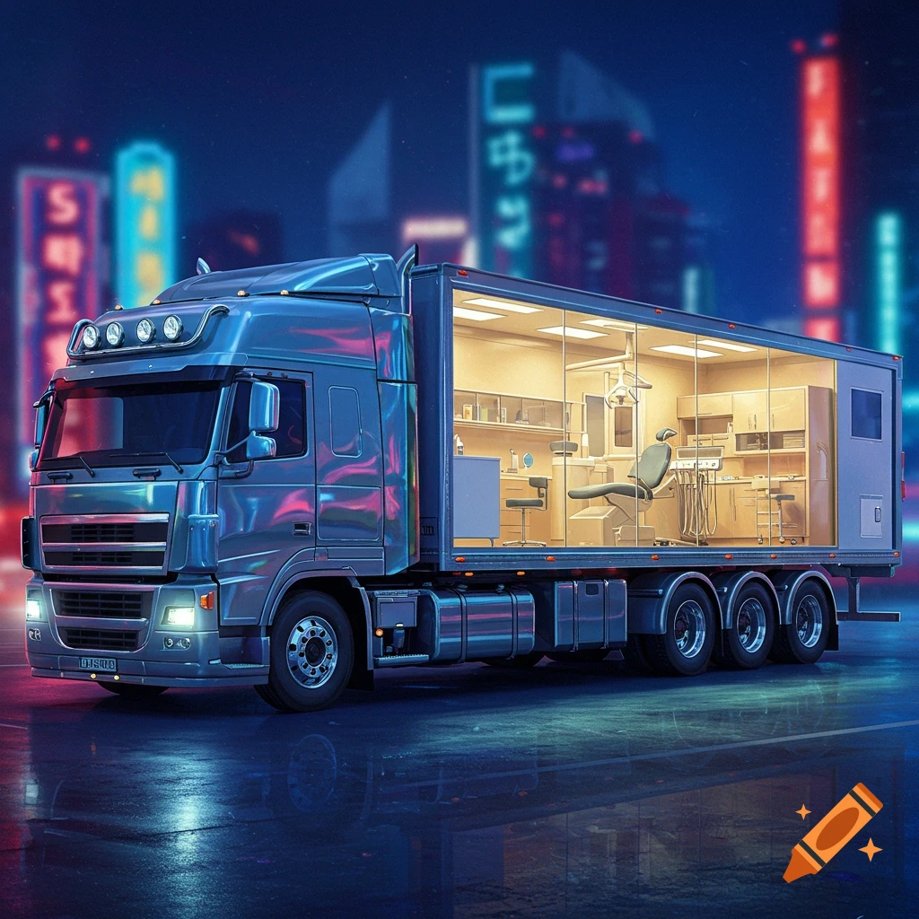 A futuristic metallic semi-truck at night revealing a fully equipped dental office inside its transparent cargo bay, neon cityscape in background.