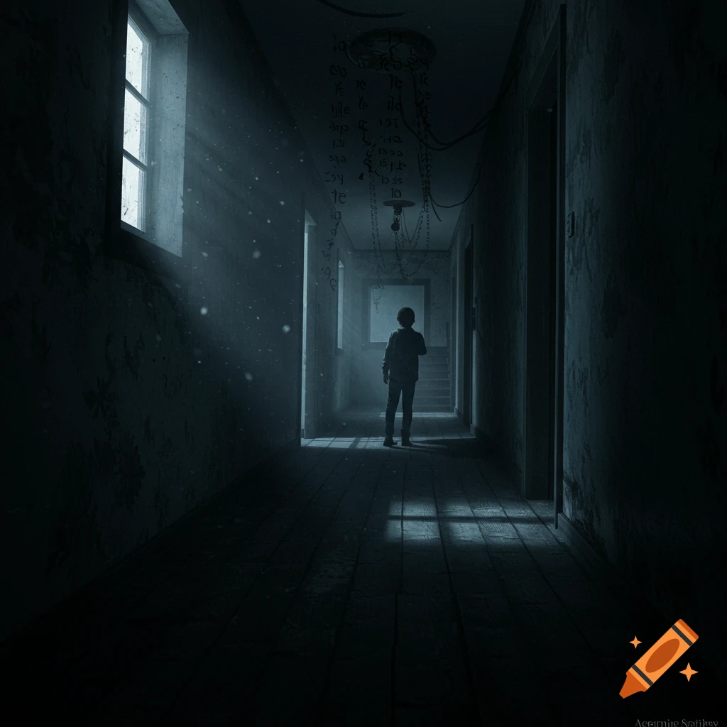 A lone figure stands at the end of a dark, eerie hallway, illuminated by light from a window, with garbled text hanging from the ceiling.