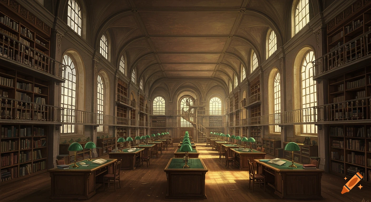 A grand, high-ceilinged library hall with rows of tall bookshelves, arching windows, reading tables with green lamps, and a spiral staircase.