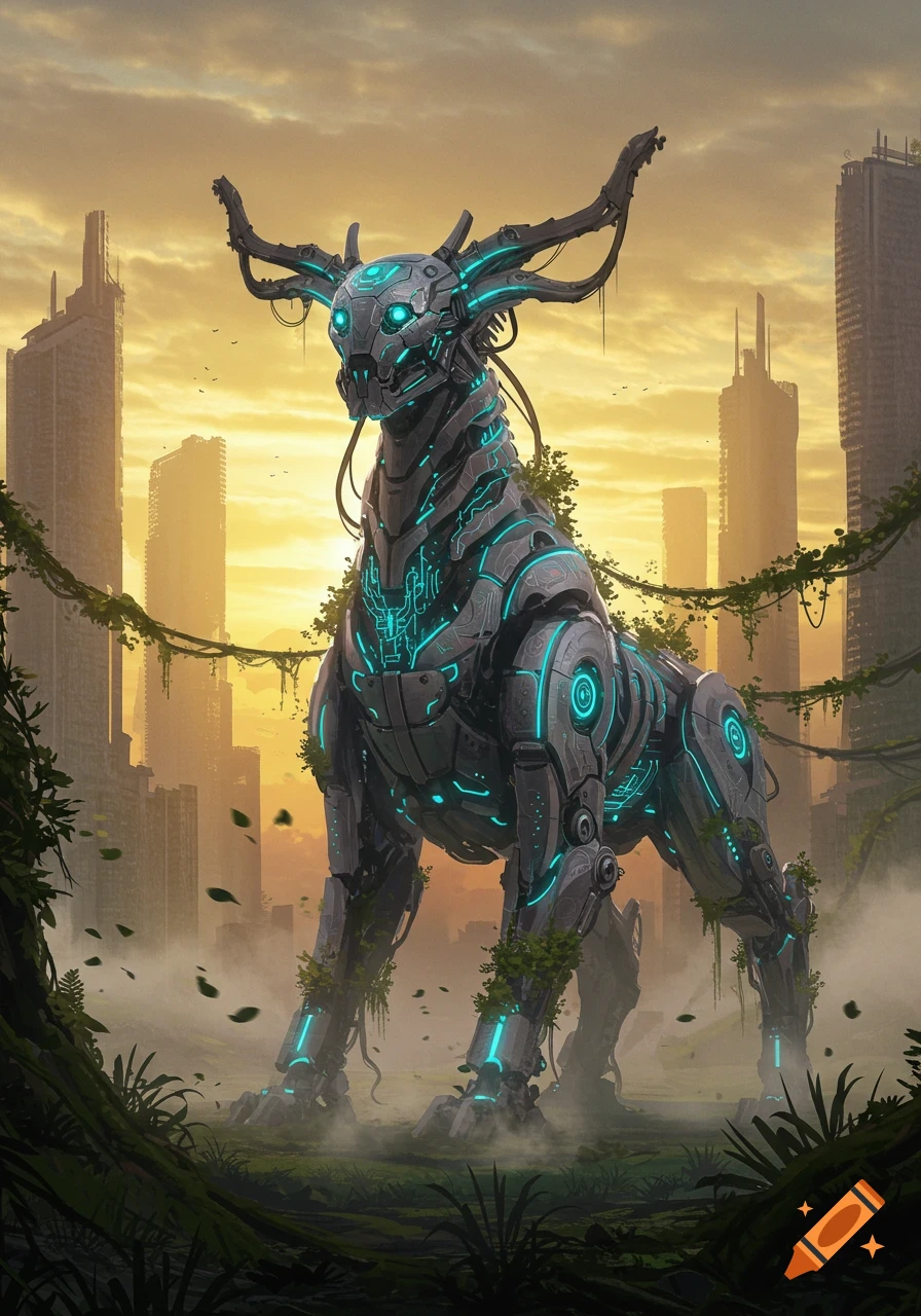 A large robotic beast with glowing blue circuits and antlers stands in a ruined, overgrown city under a bright orange sky.
