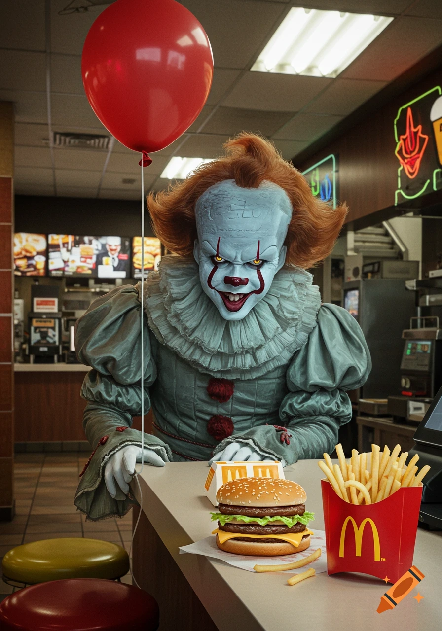Pennywise the clown in a McDonald's, holding a red balloon, with a Big Mac and fries on the counter.