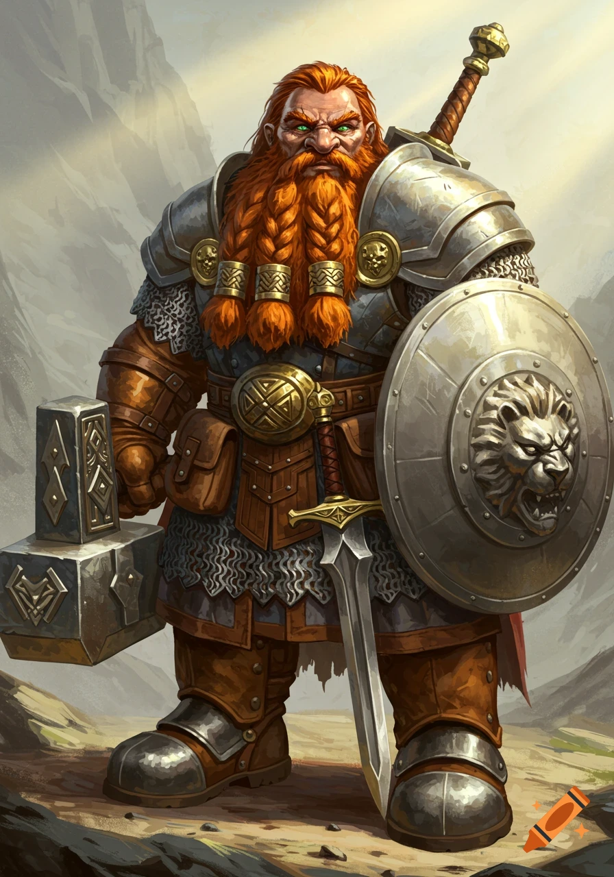 A robust dwarf warrior with a fiery red braided beard and emerald eyes, wearing heavy armor, holding a warhammer, sword, and a shield with a lion's head emblem.