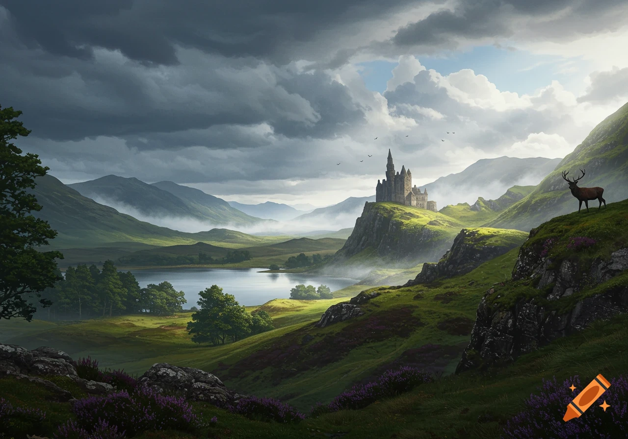 Dramatic landscape with a castle on a hill, a lake, misty mountains, and a stag on a grassy slope under cloudy skies.