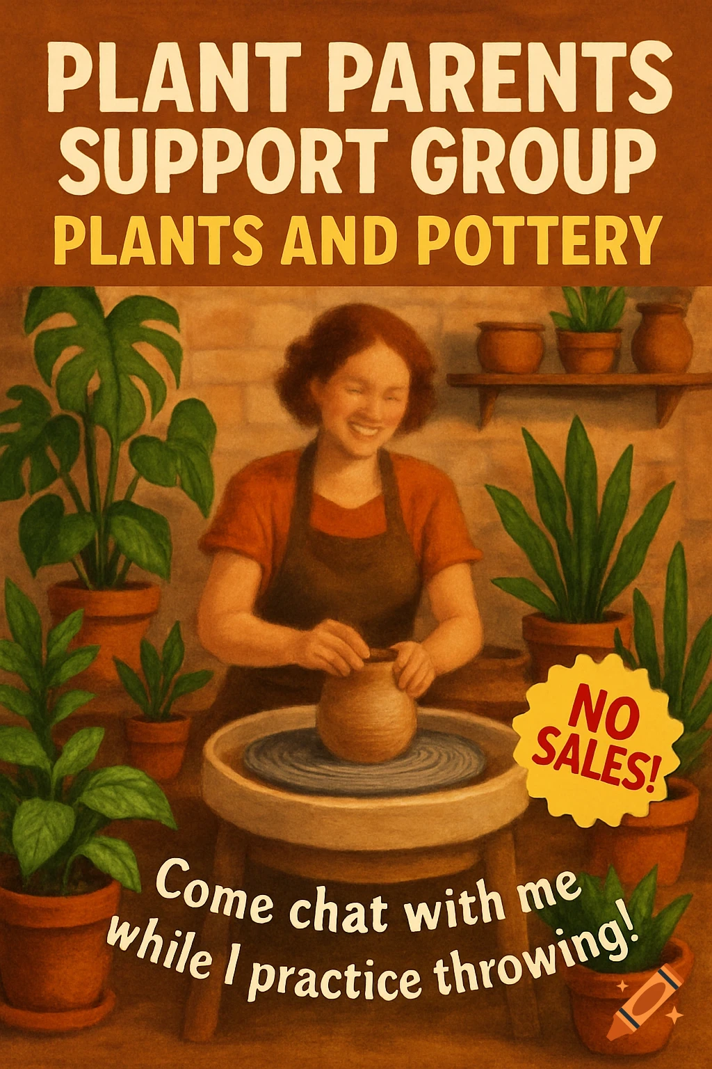 An illustrated flyer for a 'Plant Parents Support Group' showing a smiling woman making pottery on a wheel, surrounded by various potted plants. A yellow sticker says 'NO SALES!'