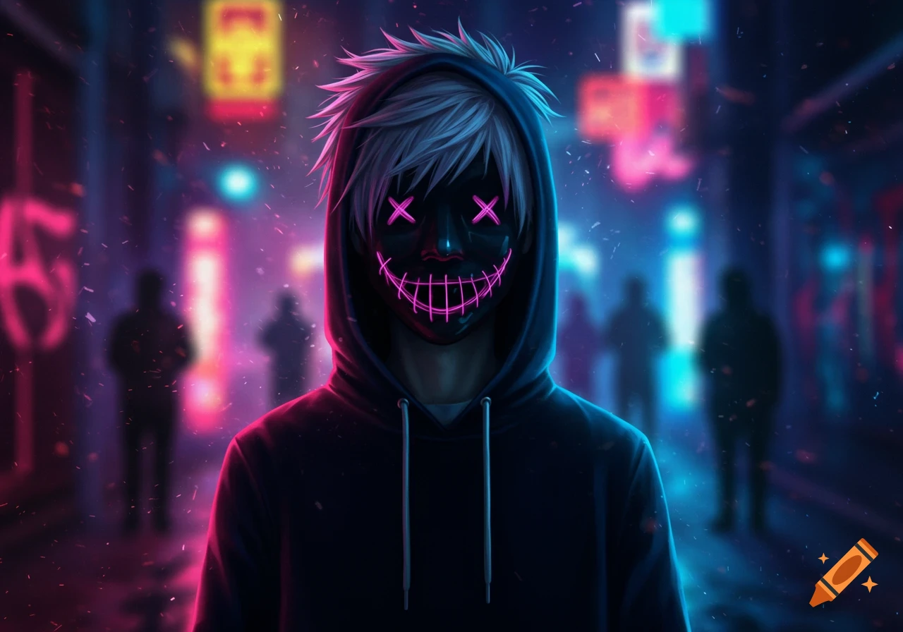 Anime character in a black hoodie with white messy hair and a glowing pink X-face mask, standing in a neon-lit street at night.