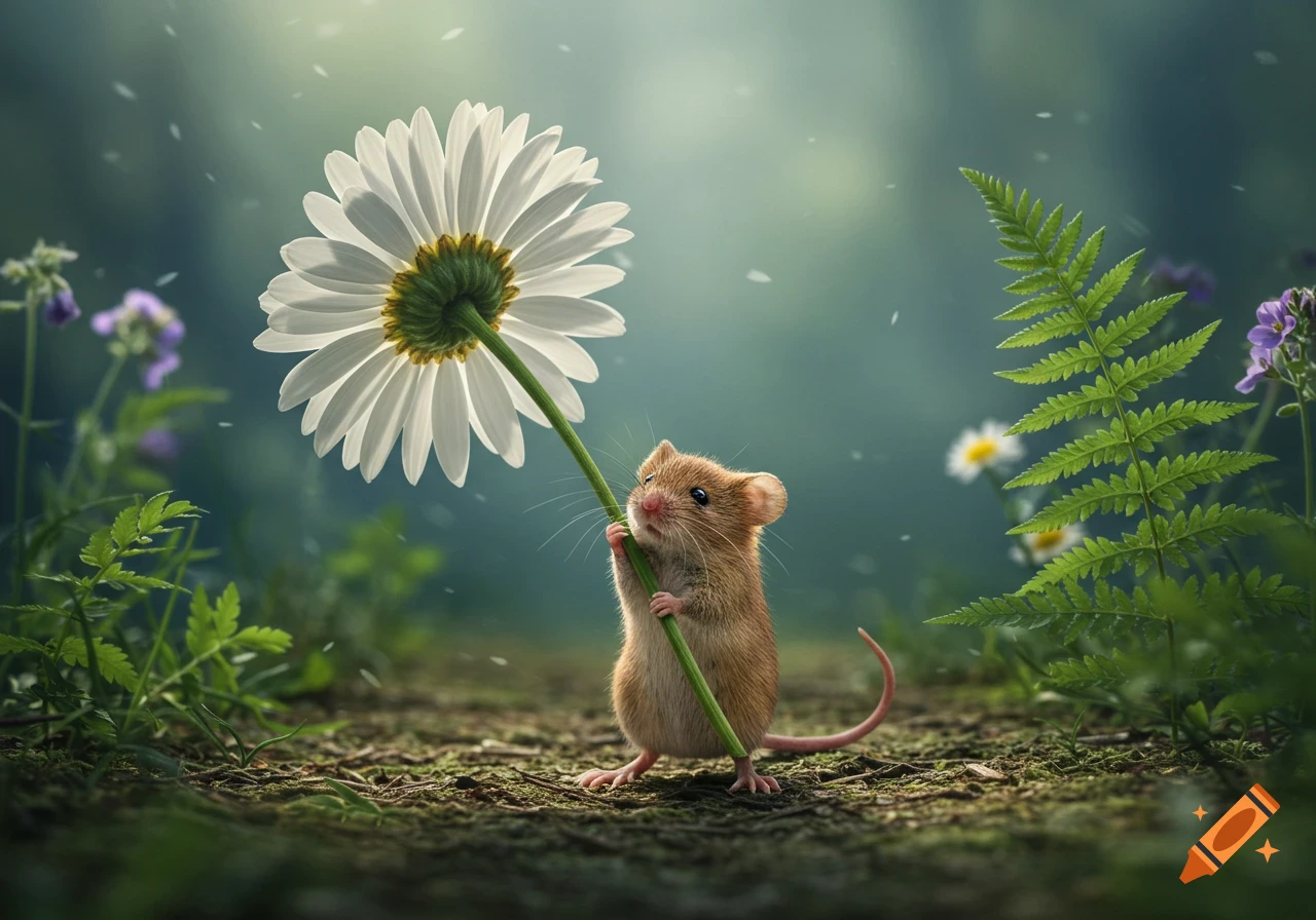 A small brown mouse strains to lift a large white daisy flower on its stem, standing on mossy ground in a soft-focus forest.