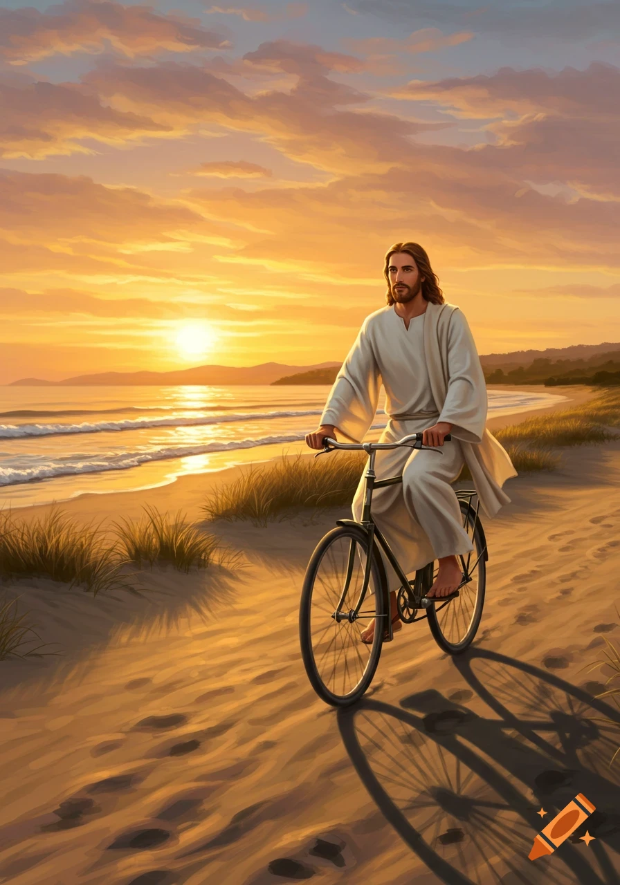 Jesus riding a bicycle on a sandy beach at sunset, with waves crashing in the background.