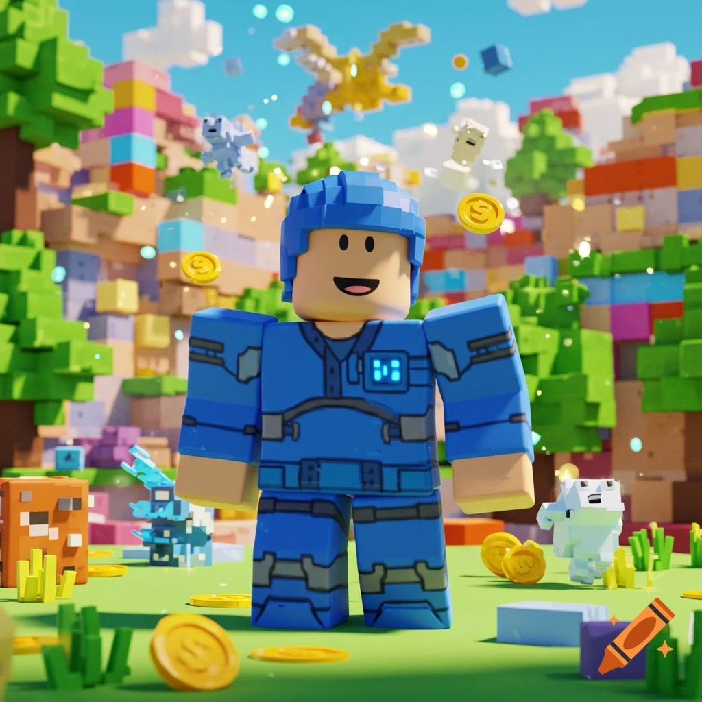 A smiling blue block-like character resembling a Roblox avatar stands in a colorful blocky world with floating coins.