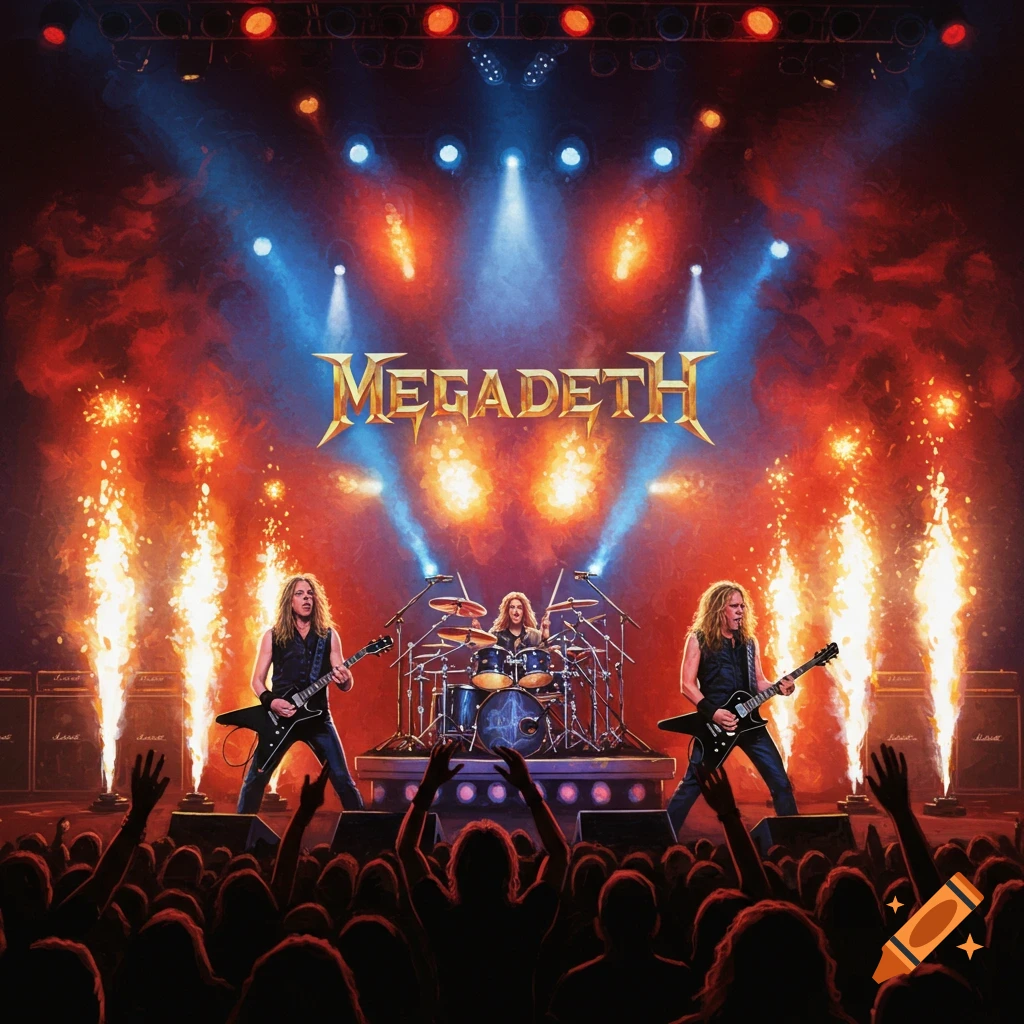 A heavy metal band, Megadeth, performs on stage with pyrotechnics, bright lights, and a cheering crowd.