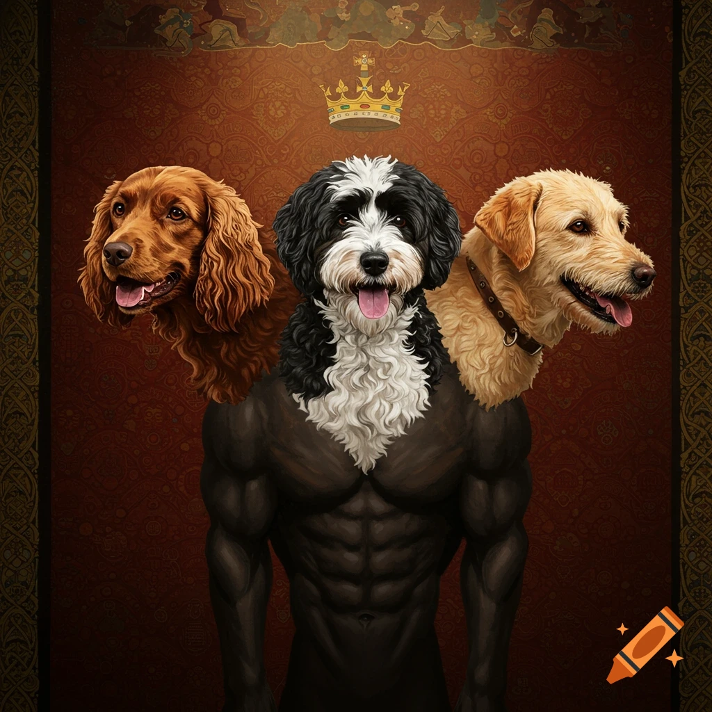 A Cerberus-like creature with three different dog heads (Cocker Spaniel, Portuguese Water Dog, Labradoodle) on a muscular dark body, under a golden crown, against a regal patterned background in a painterly style.