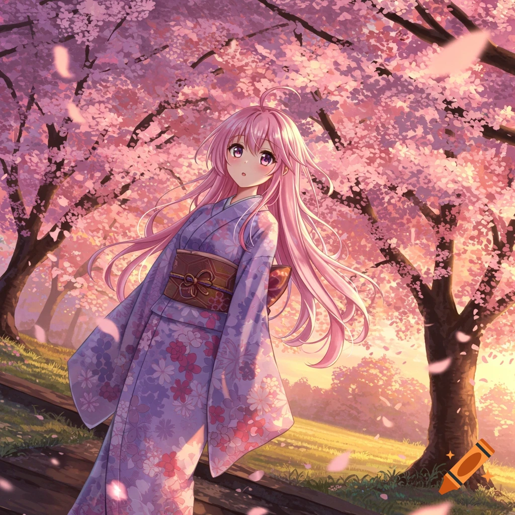An anime girl with long pink hair in a purple floral kimono stands in a path surrounded by glowing pink cherry blossom trees.