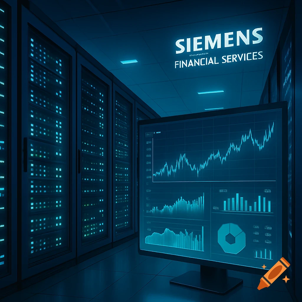 A futuristic blue-lit data center with rows of server racks, and a monitor displaying financial graphs and data. The words "SIEMENS FINANCIAL SERVICES" are visible on the wall.