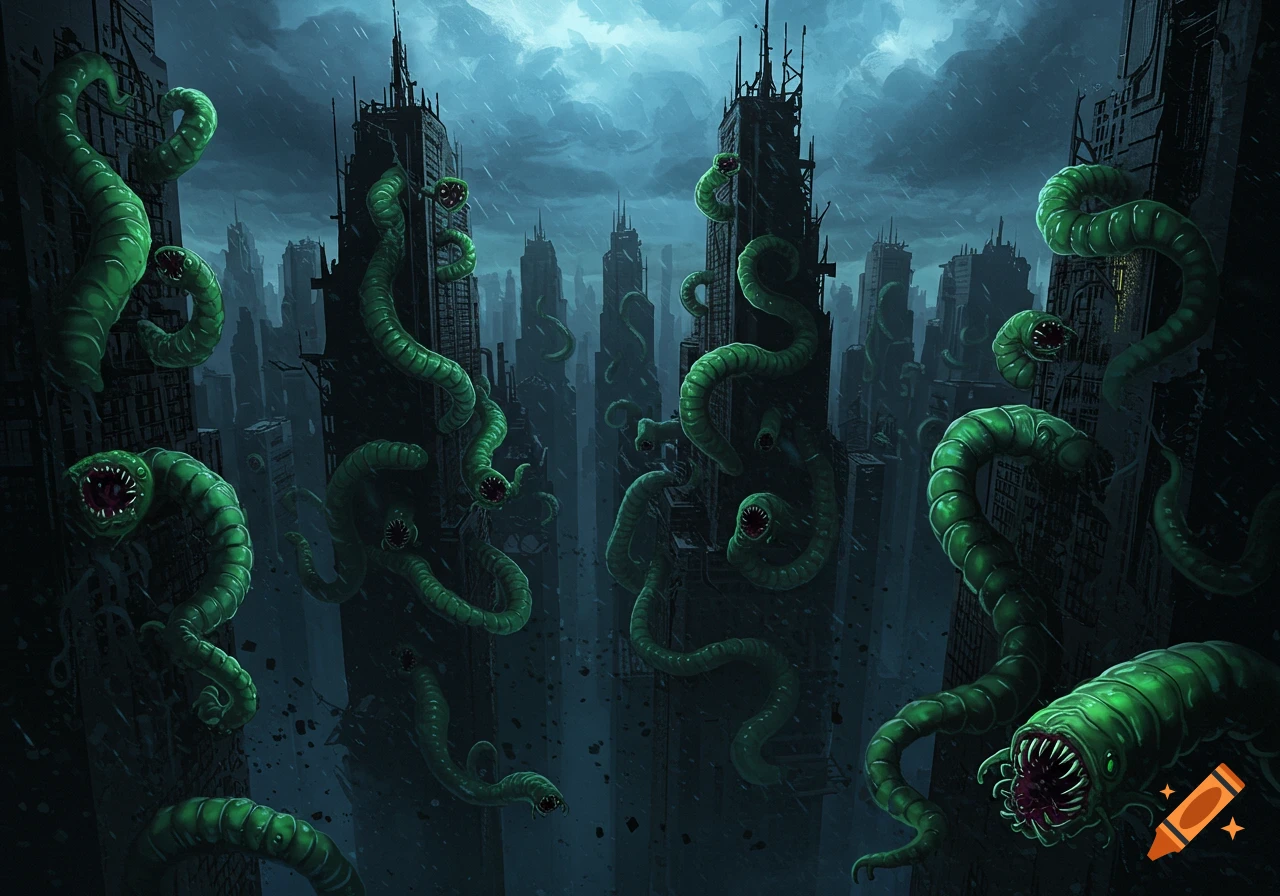 Grotesque green worm creatures with toothy mouths swarm dark, ruined skyscrapers in a decaying city under a stormy sky.