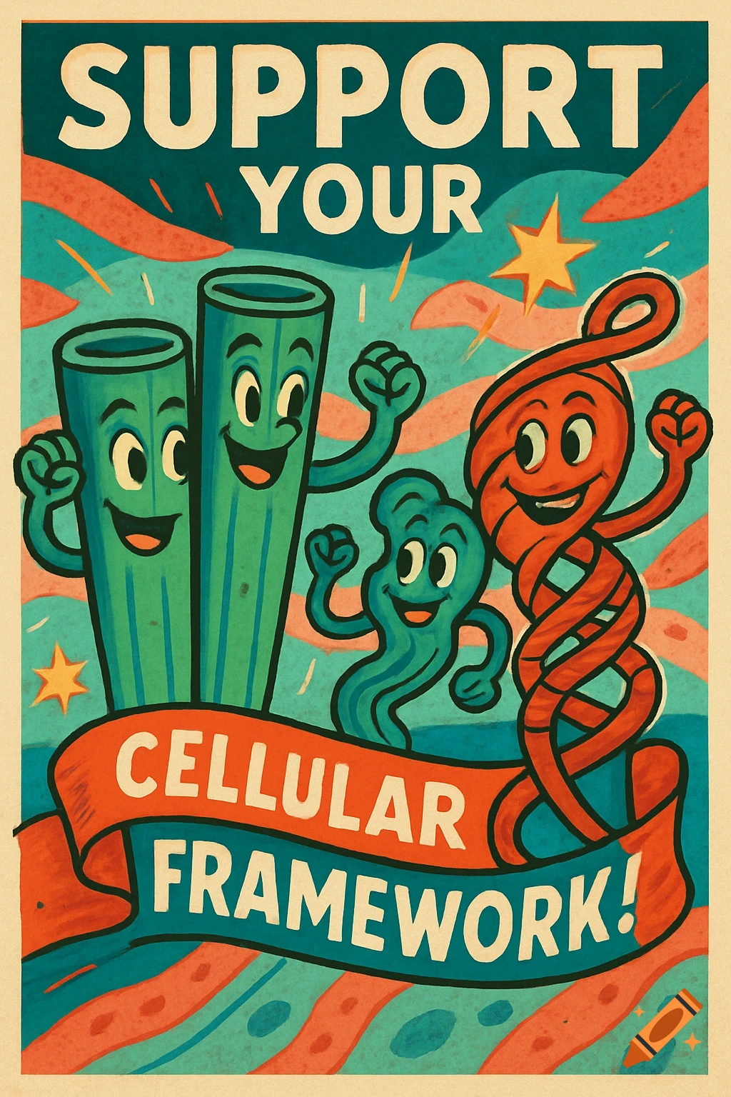 A retro-style cartoon poster with anthropomorphic cellular components urging to 'SUPPORT YOUR CELLULAR FRAMEWORK!'.