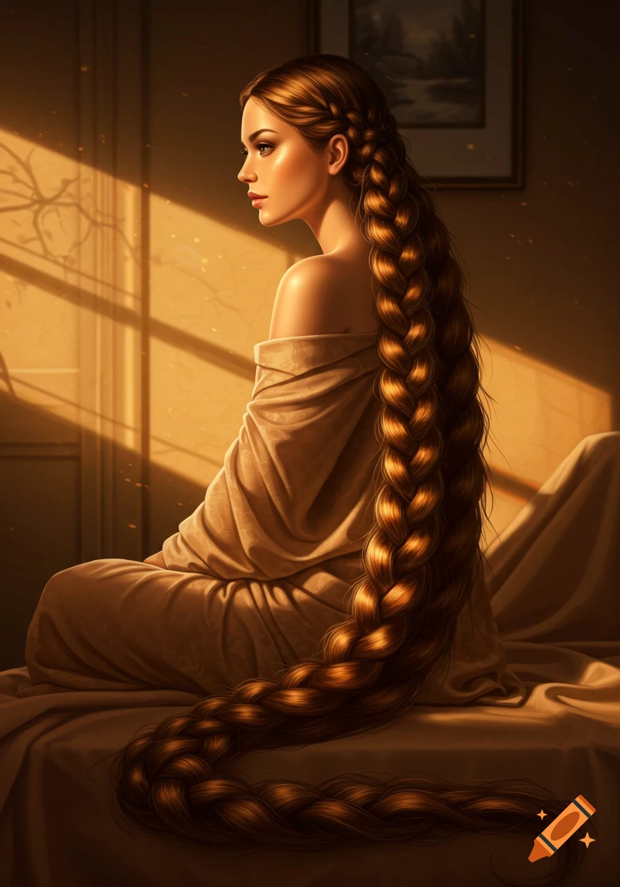 A photorealistic portrait of a woman with a very long brown braid, sitting indoors bathed in warm, golden sunlight.