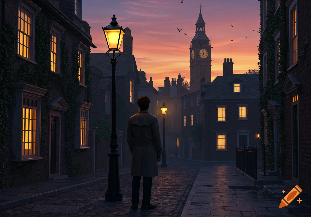 A man in a trench coat stands on a cobblestone street at sunset, looking towards a distant clock tower and illuminated buildings.