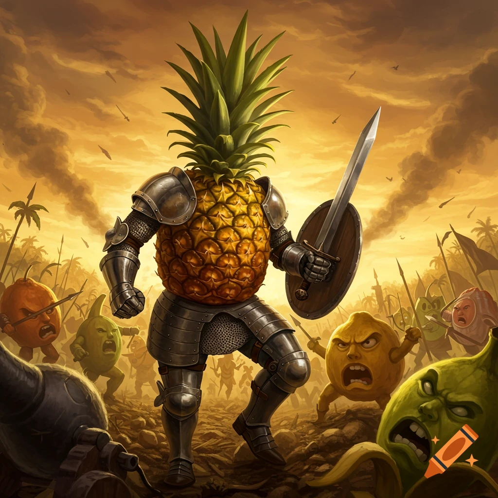 A pineapple knight in armor with a sword and shield leads an army of angry anthropomorphic fruits into battle under a dramatic orange sky.