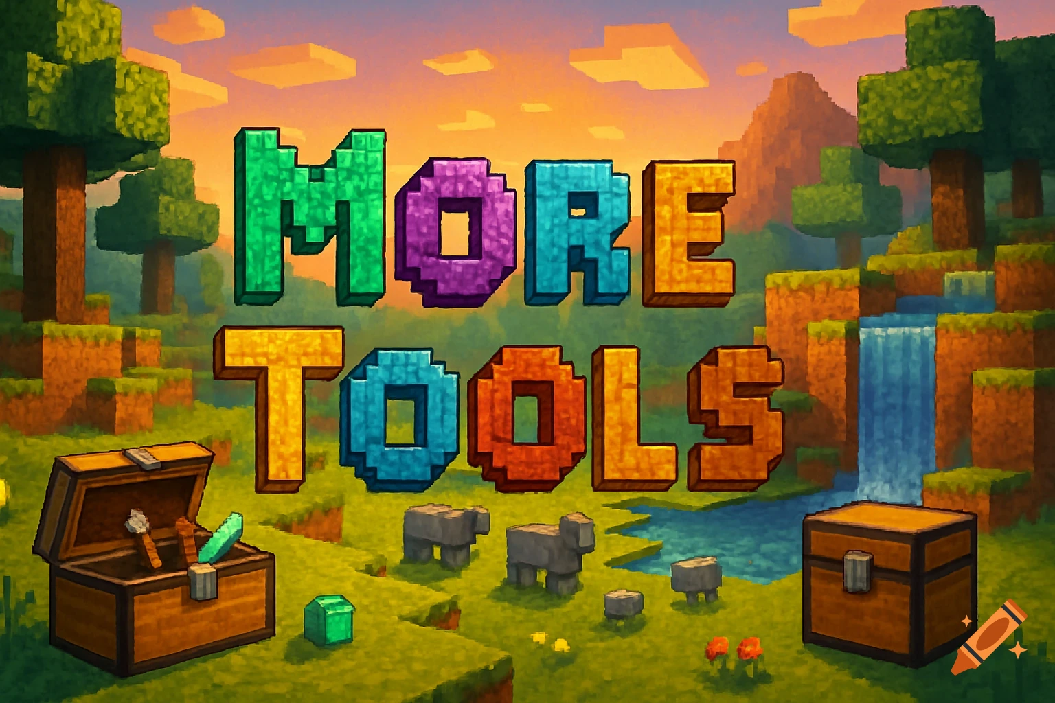 Pixel art Minecraft-style landscape with 'MORE TOOLS' text, chests, trees, a waterfall, and sheep.