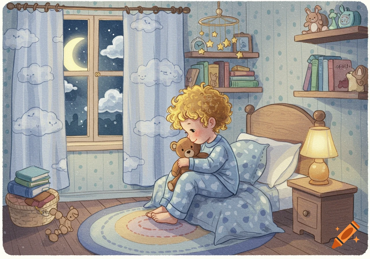 A curly-haired boy in blue pajamas hugs a teddy bear while sitting on a bed in a cozy, moonlit storybook-style bedroom.