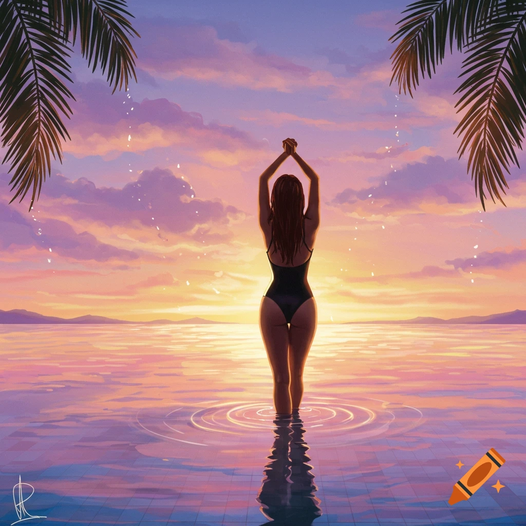 Digital art of a woman in a black swimsuit standing in calm water with arms raised, facing a colorful sunset sky with palm leaves.