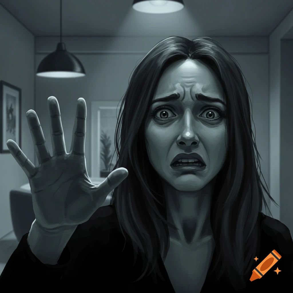 An illustration of a horrified woman holding her hand up, looking distressed in a dark, moody room.