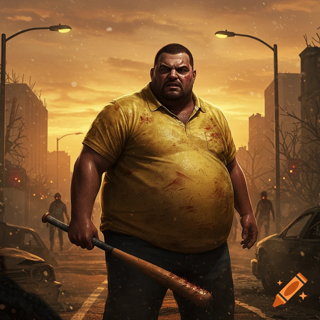 A heavily built man, possibly Coach from Left 4 Dead 2, with a spiked baseball bat stands in a ruined city street with zombies in the background.