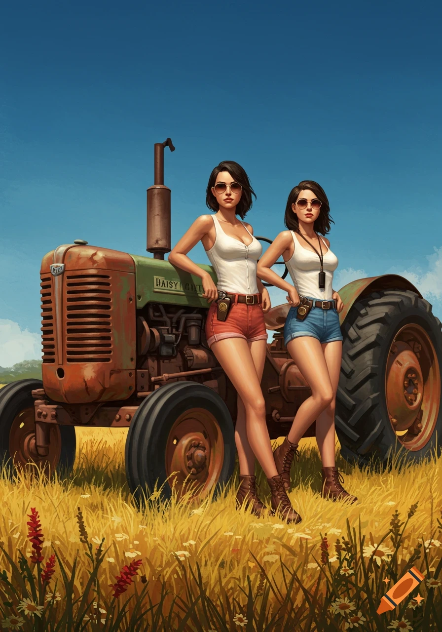 Two women wearing white tank tops and short shorts stand next to a rusty green and orange tractor in a golden field under a blue sky.