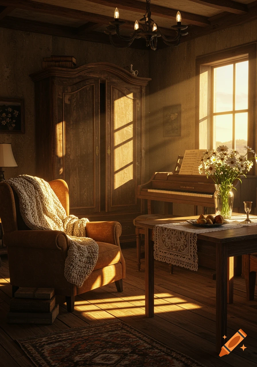 A sunlit, cozy vintage living room with an armchair, grand piano, and flowers on a wooden table, in a photorealistic style.