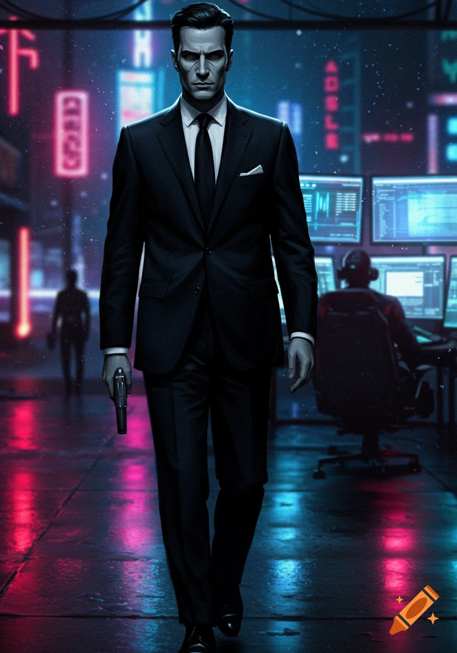 A stern man in a black suit holds a pistol, walking through a dark, neon-lit cyberpunk street with computer screens.