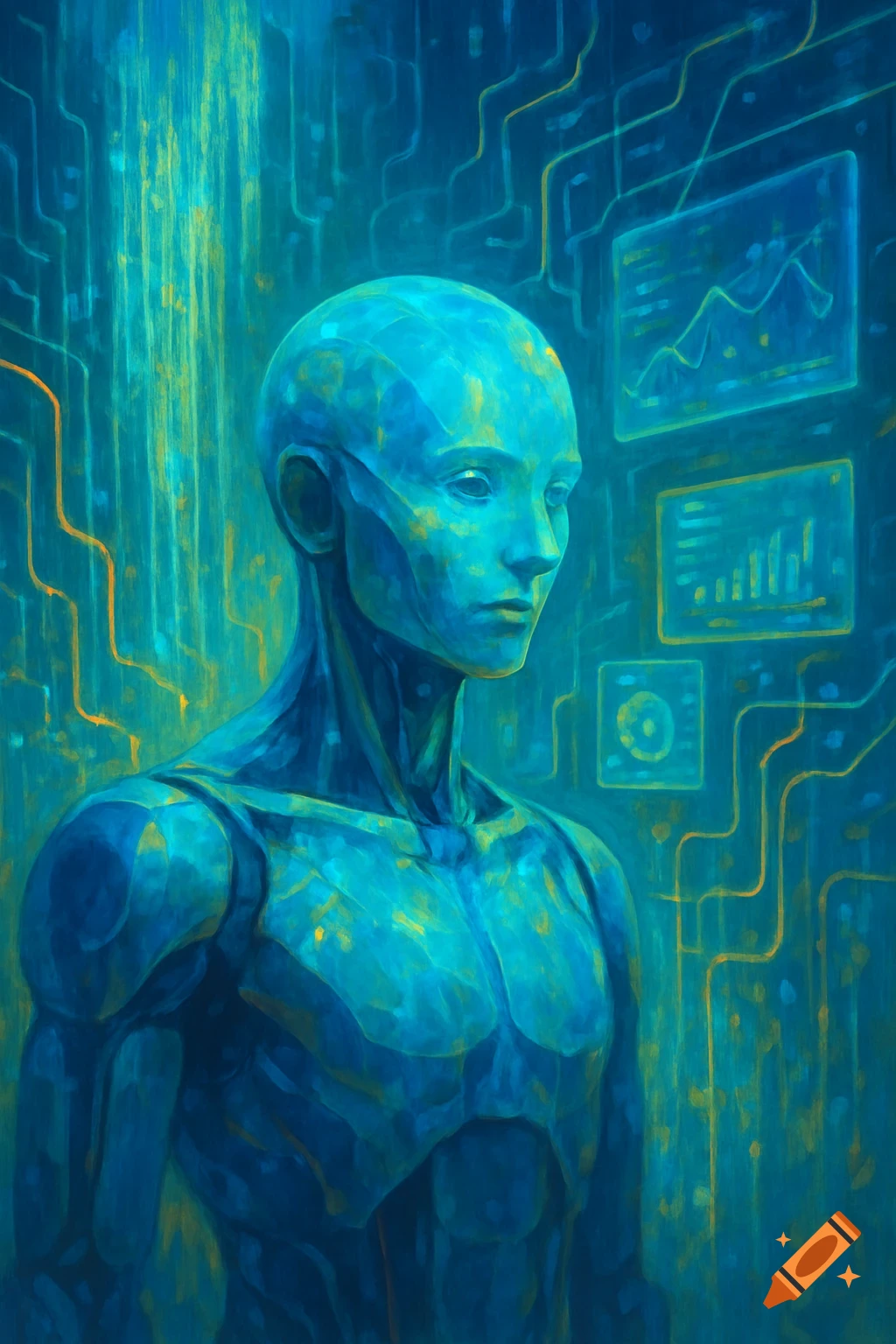 A blue and yellow digital painting of a bald humanoid AI figure looking right, against a glowing circuit and data screen background.