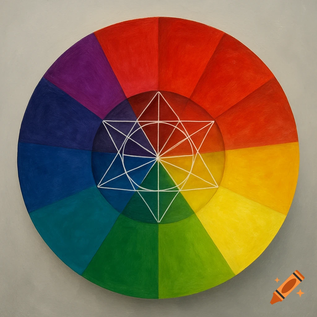A vibrant color wheel with 12 segments displaying primary and secondary colors, overlaid with a complex white sacred geometry pattern of stars and circles.