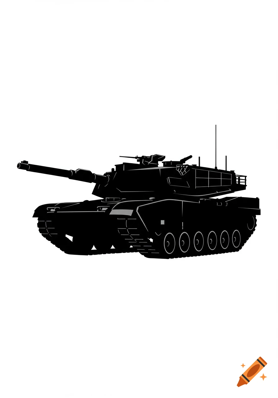 Black silhouette of an M1A2 tank with its main cannon extended to the left against a white background.