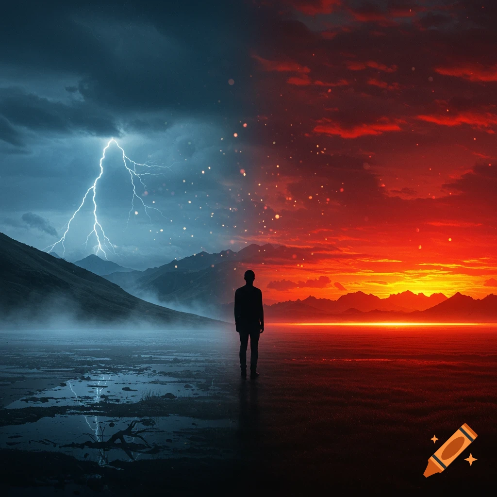 A figure stands on land split between a dark, stormy sky with lightning and a fiery red sunset over mountains.