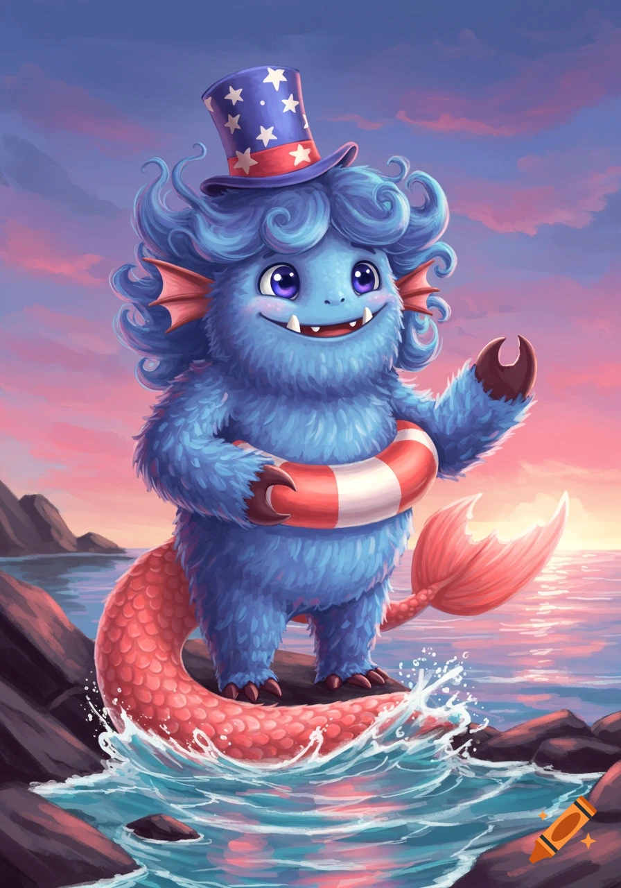A cute, fluffy blue monster with curly hair, a red fish tail, and crab claws wears a star-spangled top hat, holding a lifebuoy on a rocky beach at sunset.