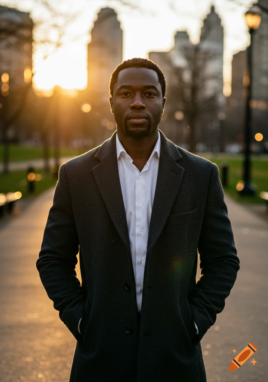 A man in a dark coat and white shirt stands in an urban park during sunset, with city buildings blurred in the background.