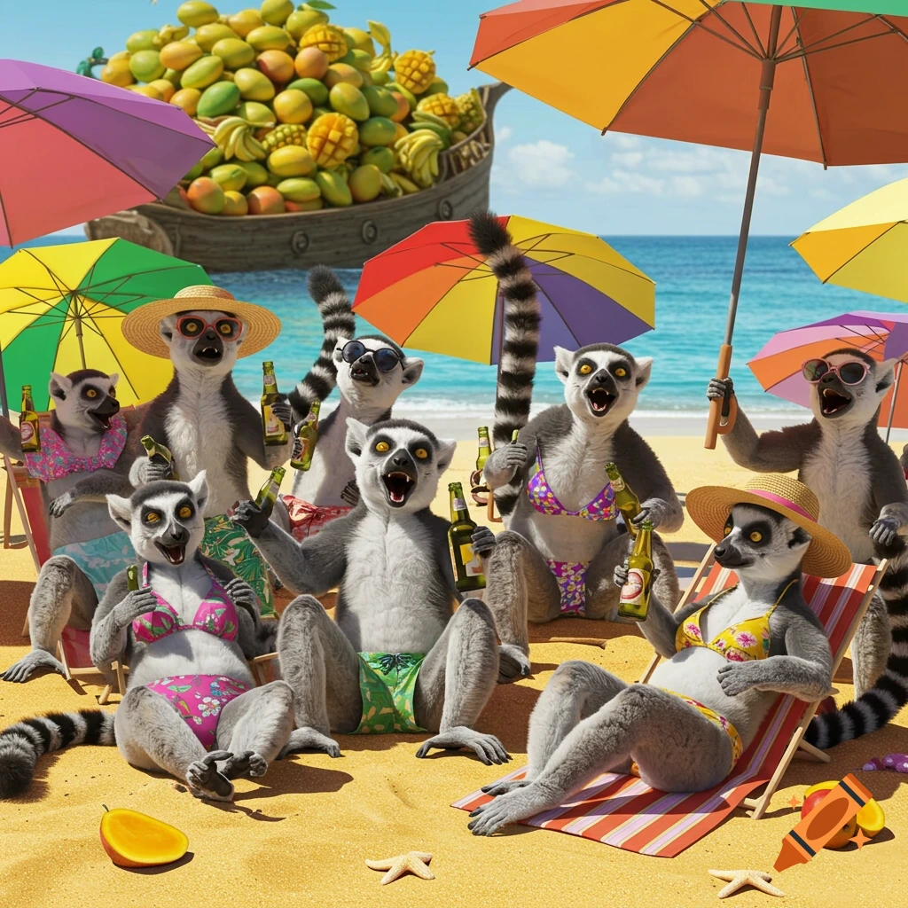 Cartoon lemurs in swimsuits and sunglasses relax on a sunny beach with colorful umbrellas and beer bottles. A boat filled with fruit is in the background.