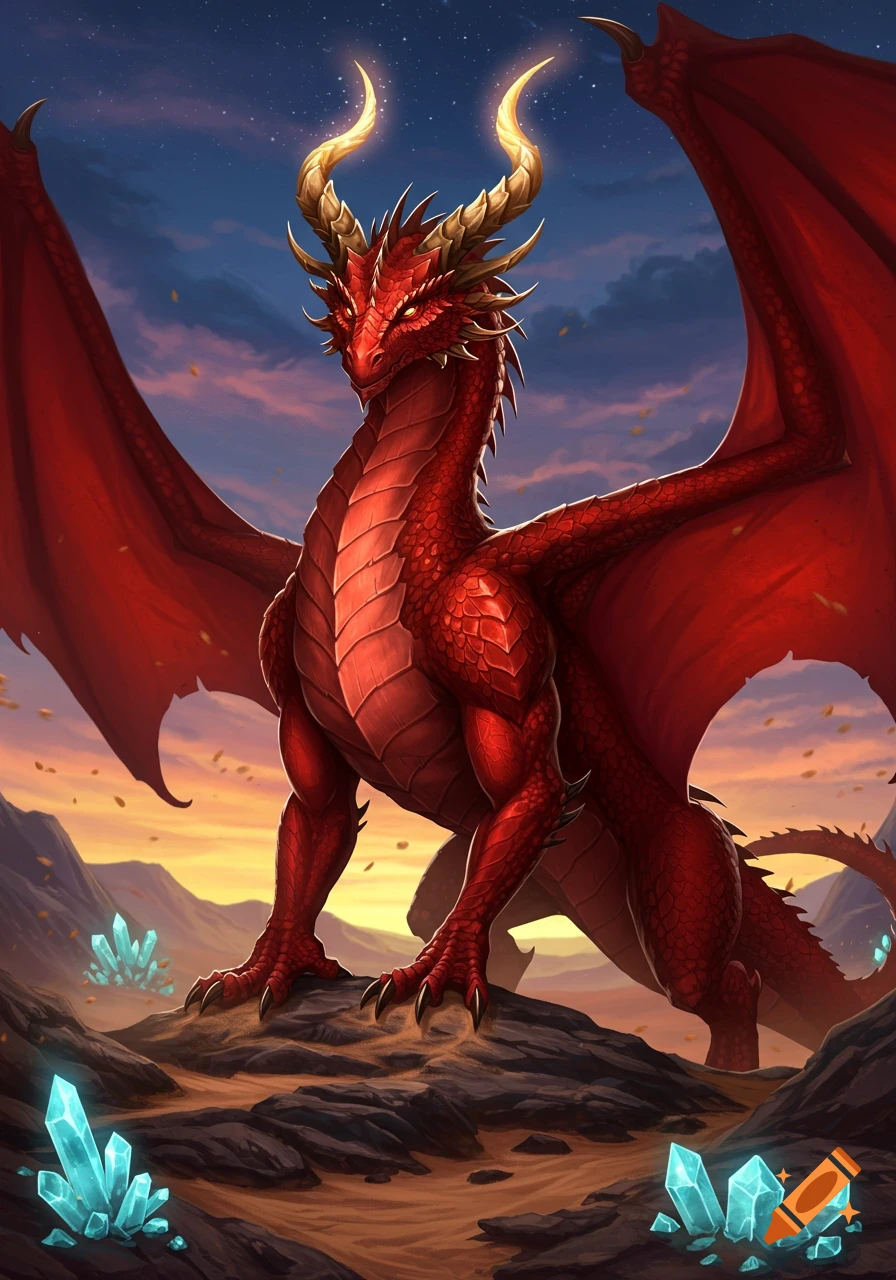 A majestic red dragon with large wings and glowing gold horns stands on a rocky landscape with blue crystals at sunset.