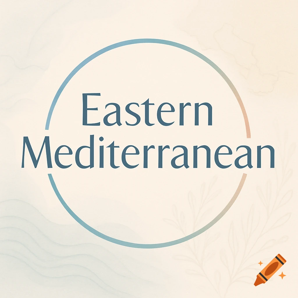 A circular logo with the text 'Eastern Mediterranean' in a modern font, surrounded by a subtle ring, on a soft pastel background with abstract wave and flora motifs.
