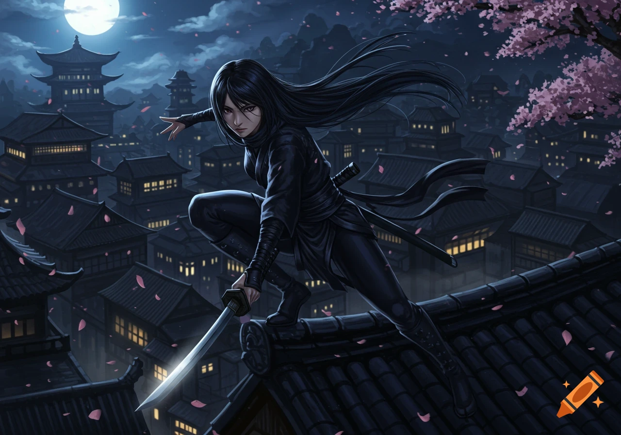 An anime ninja woman crouches on a tiled rooftop at night, holding a katana, with traditional Japanese buildings and cherry blossoms under a full moon.