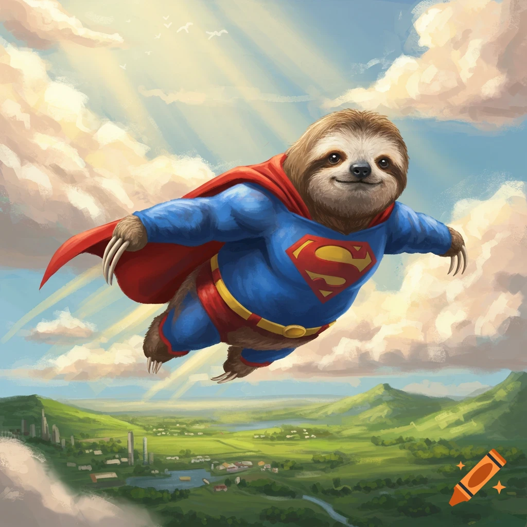 A cute sloth in a Superman costume with a red cape flies smiling over a lush green landscape with clouds in the sky.