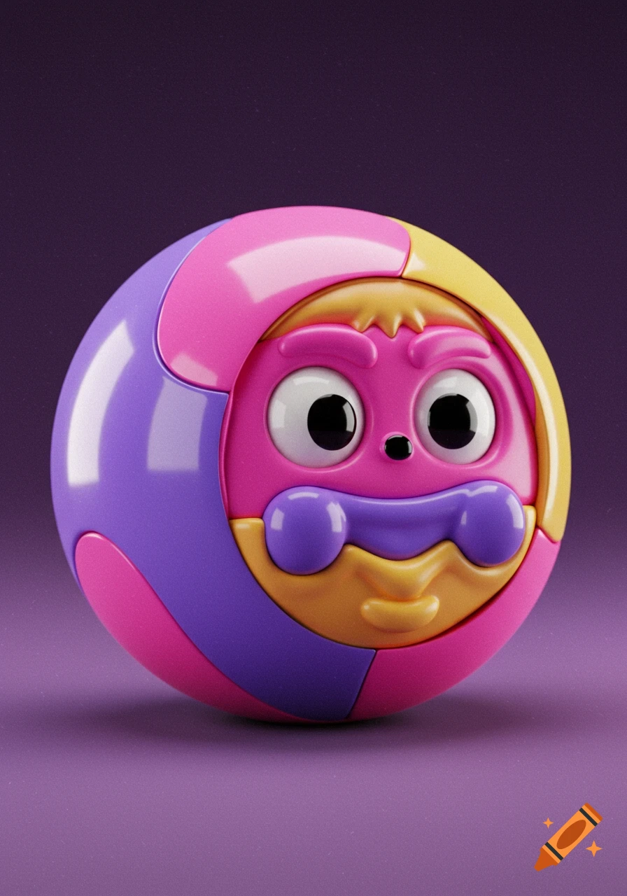 A colorful, shiny plastic spherical toy with a cartoon monster face in pink, purple, and yellow, on a purple background.