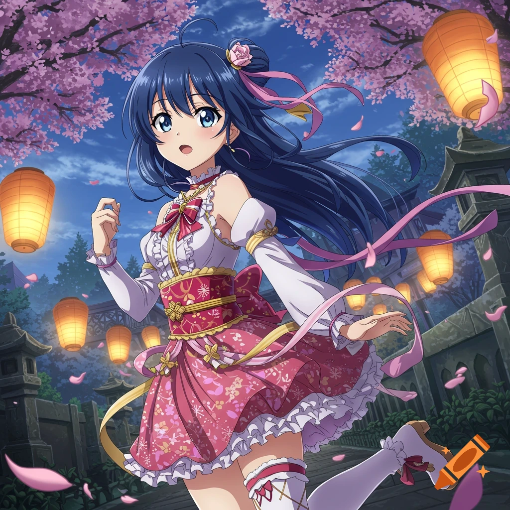 A cheerful anime girl with blue hair in a pink and white festive dress, surrounded by cherry blossoms and glowing lanterns at night.