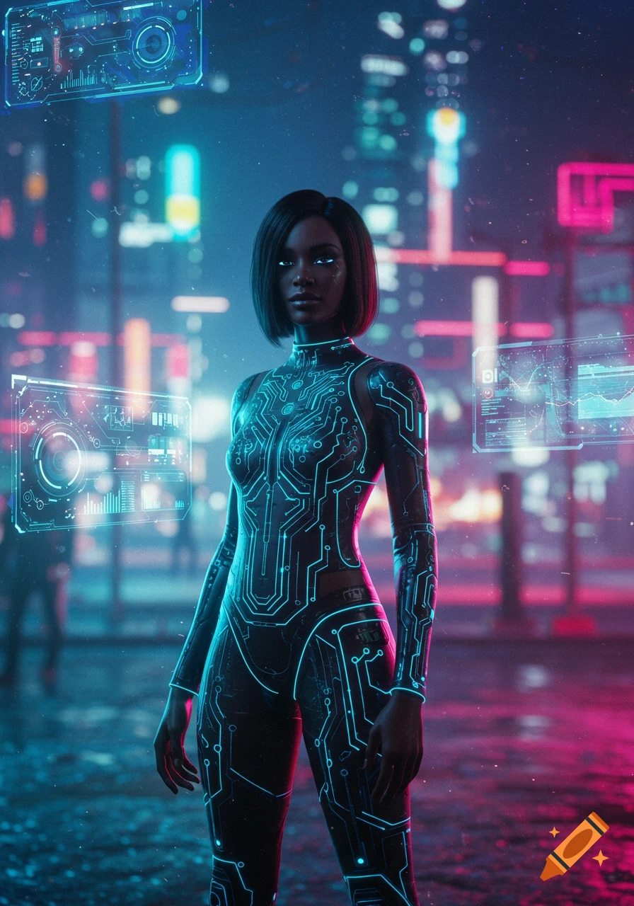 A cyberpunk woman with glowing eyes and circuit-patterned suit stands in a neon-lit futuristic city with holographic displays.