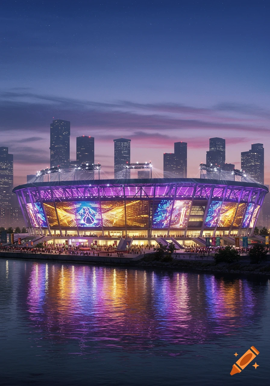 A brightly lit stadium with purple, orange, and blue lights reflected in the water at dusk, with a city skyline in the background.