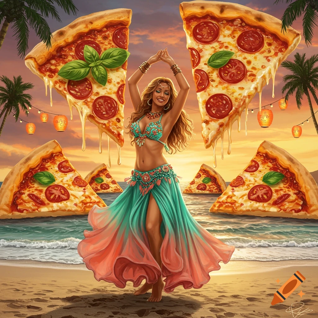 A woman in a belly dancing costume on a beach at sunset, surrounded by large floating, melting pizza slices.