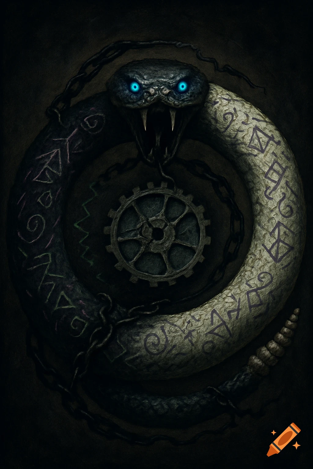 An eldritch, dark fantasy illustration of a coiled snake with glowing blue eyes, etched runes, chains, and a central gear.