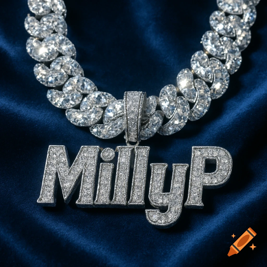 A close-up of a diamond Cuban link chain with a diamond-encrusted pendant spelling "MillyP" resting on dark blue velvet.