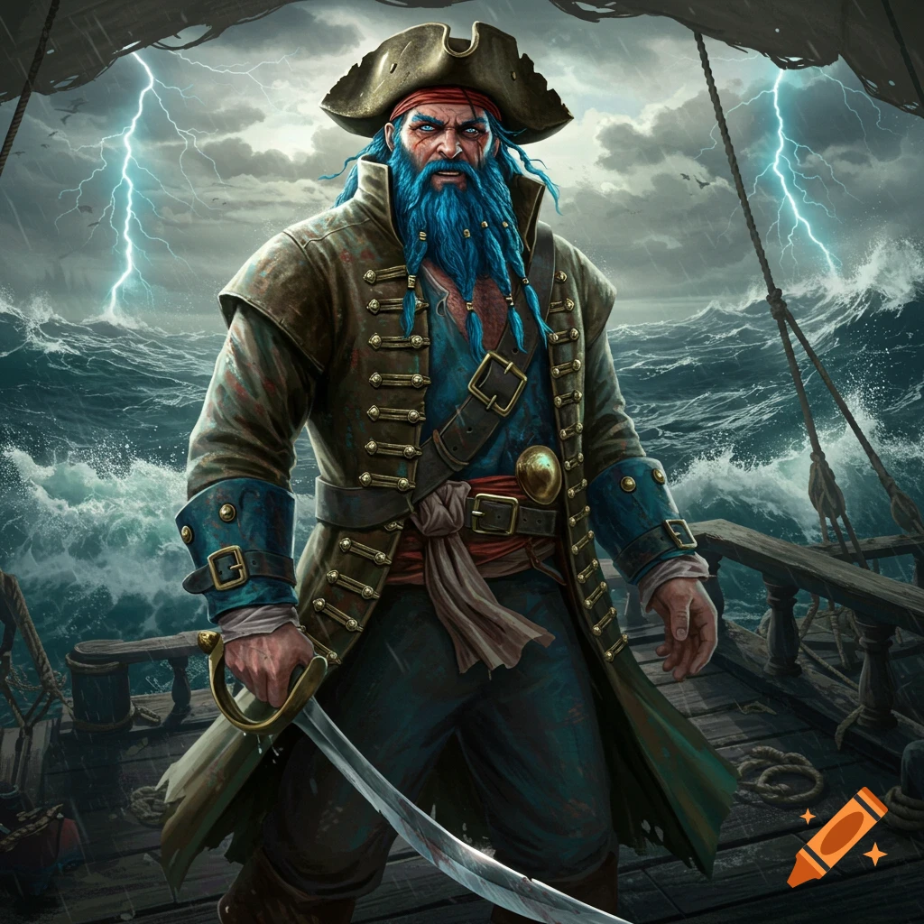 A fierce pirate with a long blue braided beard, red bandana, and tricorn hat stands on a ship deck in a stormy sea with lightning, holding a cutlass.